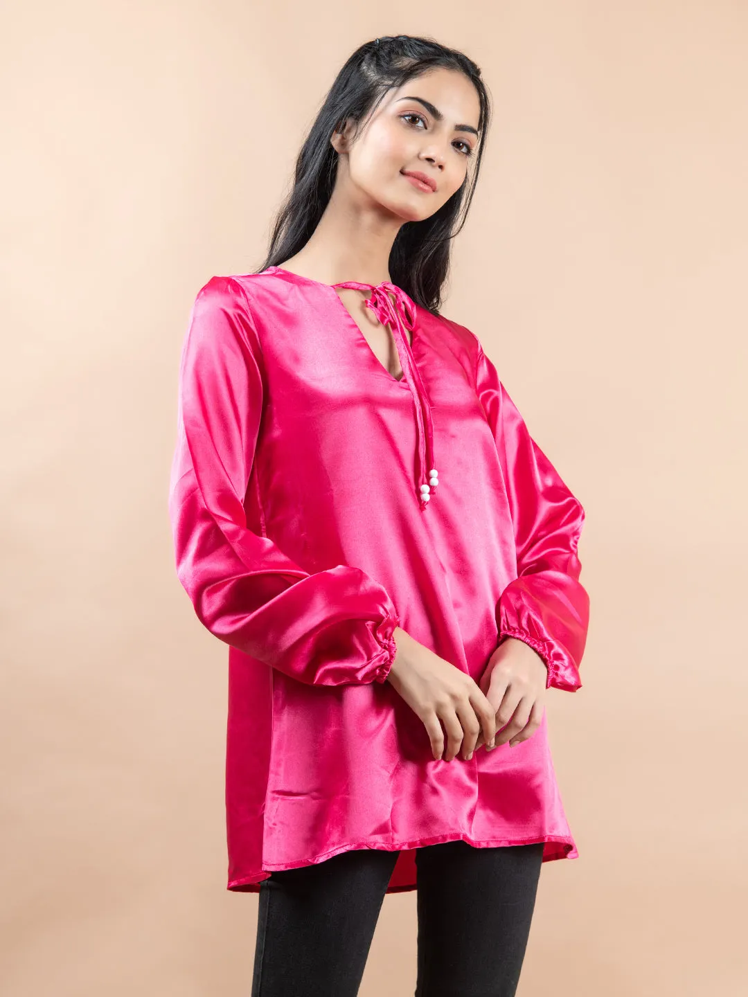Hot Pink Satin Full Sleeves Top