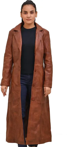 Isaac & David Chicago Long body Leather Coat for Women - Lambskin Black Full body Trench Coat - Leather Car Coat