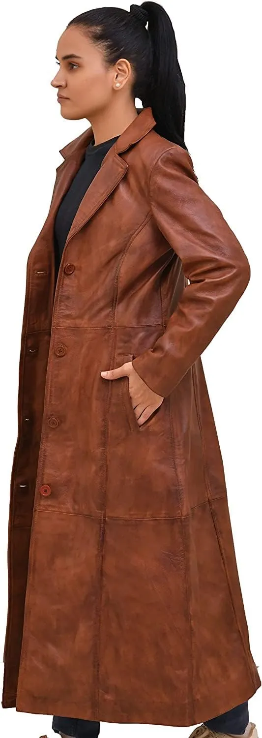Isaac & David Chicago Long body Leather Coat for Women - Lambskin Black Full body Trench Coat - Leather Car Coat