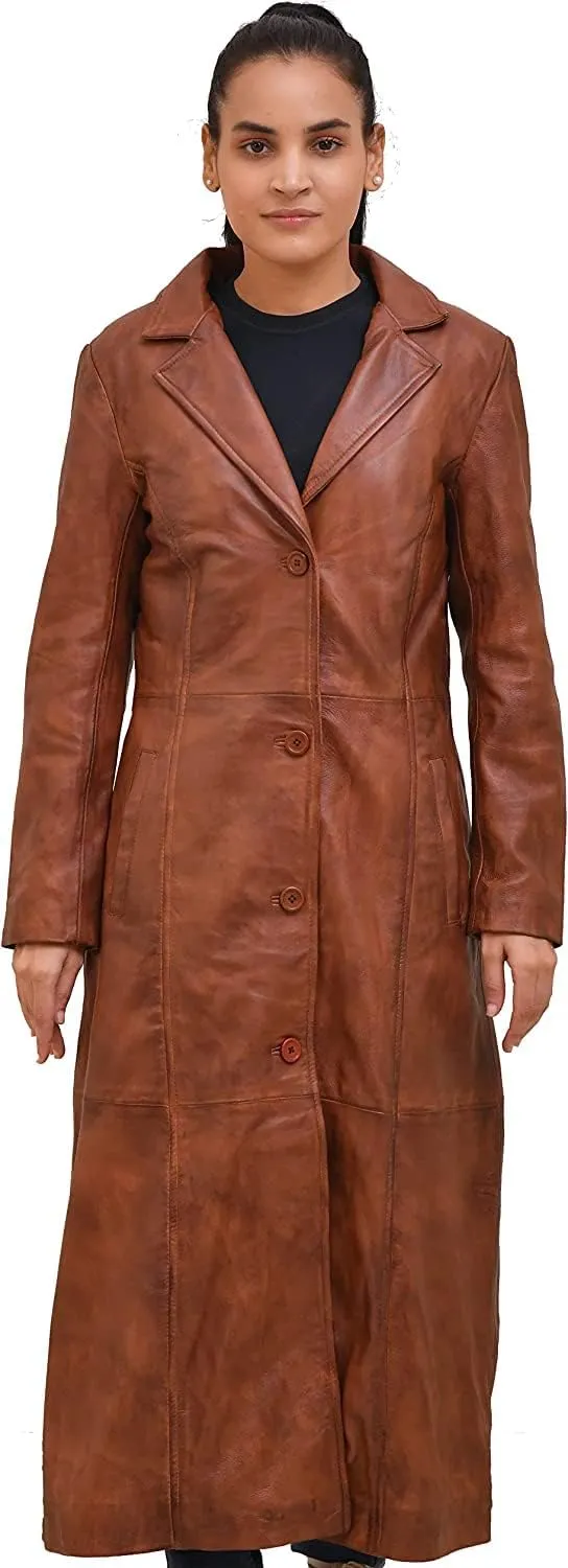 Isaac & David Chicago Long body Leather Coat for Women - Lambskin Black Full body Trench Coat - Leather Car Coat