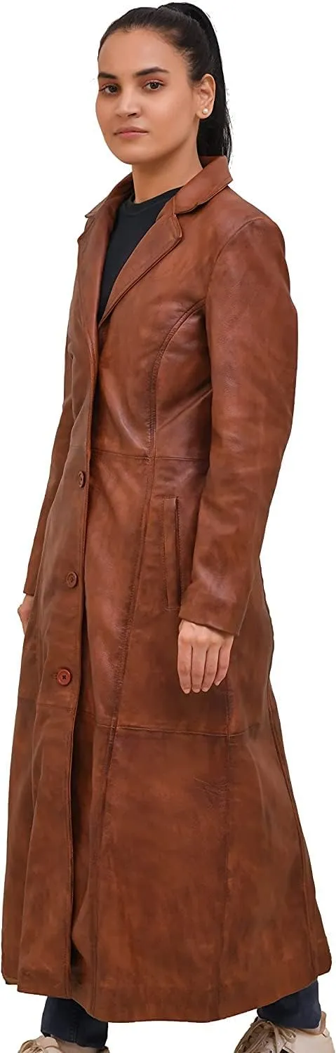 Isaac & David Chicago Long body Leather Coat for Women - Lambskin Black Full body Trench Coat - Leather Car Coat