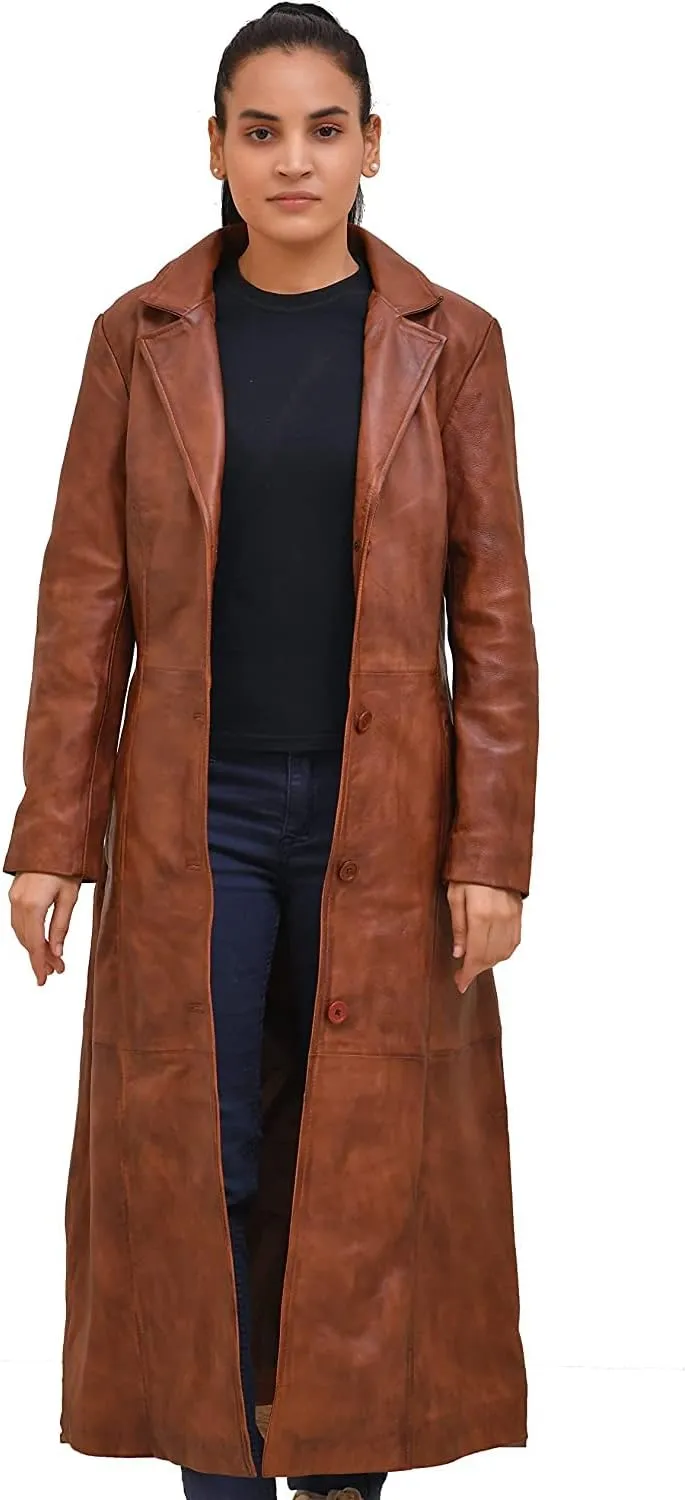 Isaac & David Chicago Long body Leather Coat for Women - Lambskin Black Full body Trench Coat - Leather Car Coat