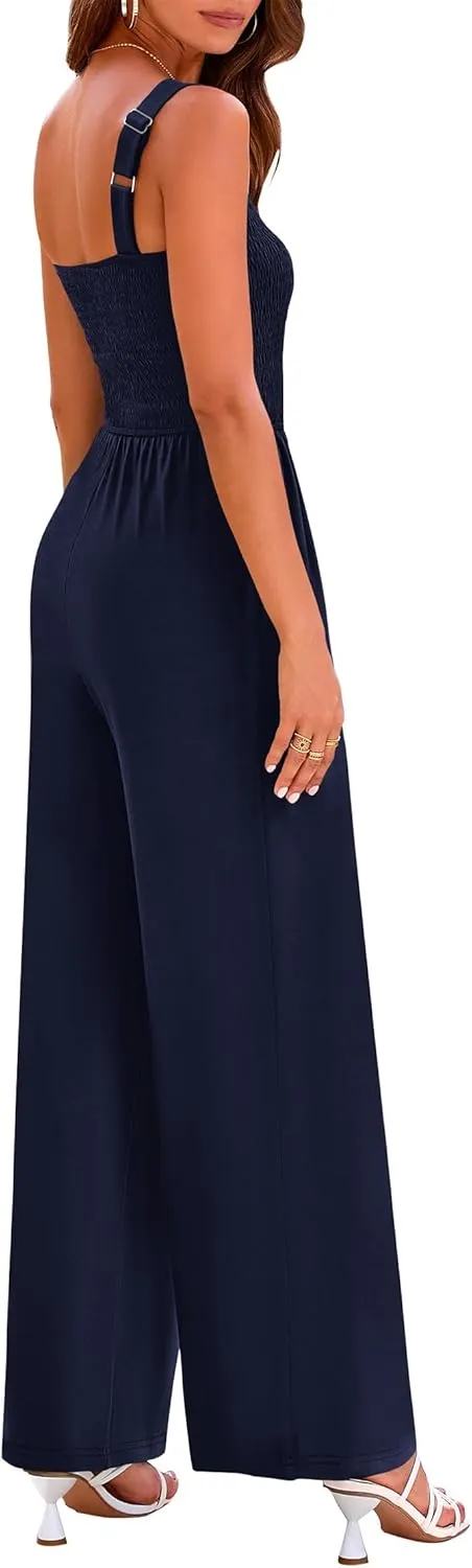 KIRUNDO Womens Jumpsuit 2025 Summer Casual Loose One Piece Overalls Smocked Sleeveless Wide Leg Rompers With Pockets
