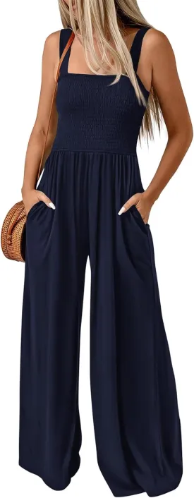 KIRUNDO Womens Jumpsuit 2025 Summer Casual Loose One Piece Overalls Smocked Sleeveless Wide Leg Rompers With Pockets