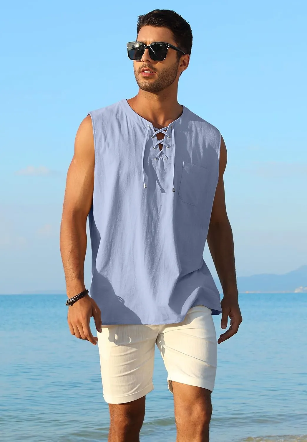 KUYIGO Men's Fashion Beach Sleeveless Shirts Hippie Tank Top Linen Viking Tunic for Summer