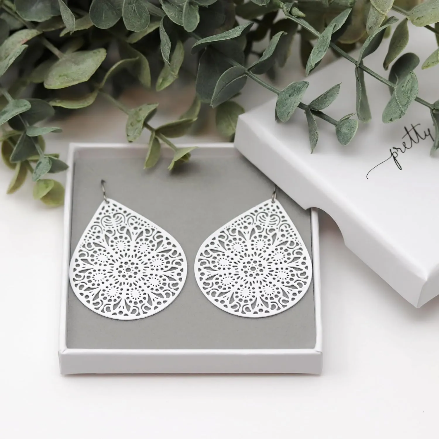 Lace Cutout Dangle Earrings Lightweight Teardrop on Hypoallergenic Titanium Hooks (White)