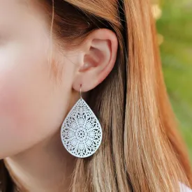 Lace Cutout Dangle Earrings Lightweight Teardrop on Hypoallergenic Titanium Hooks (White)