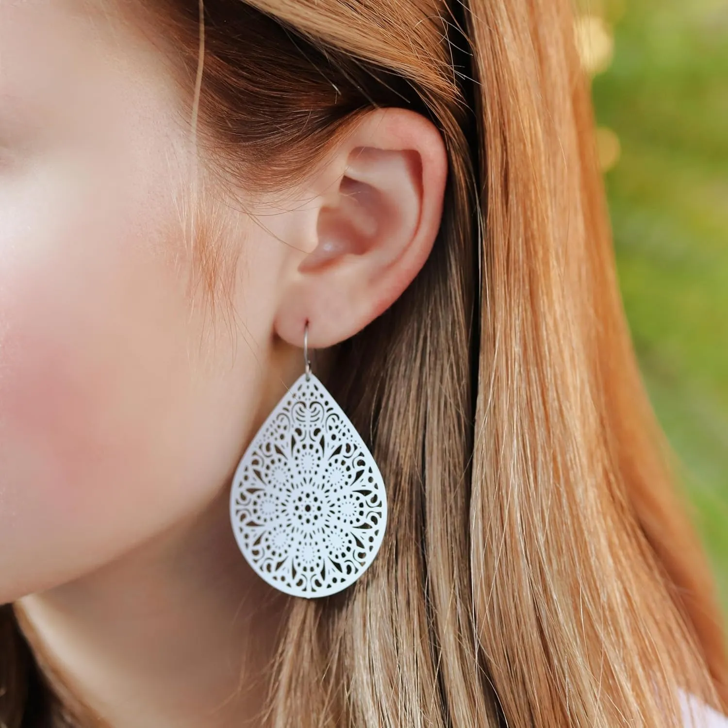 Lace Cutout Dangle Earrings Lightweight Teardrop on Hypoallergenic Titanium Hooks (White)
