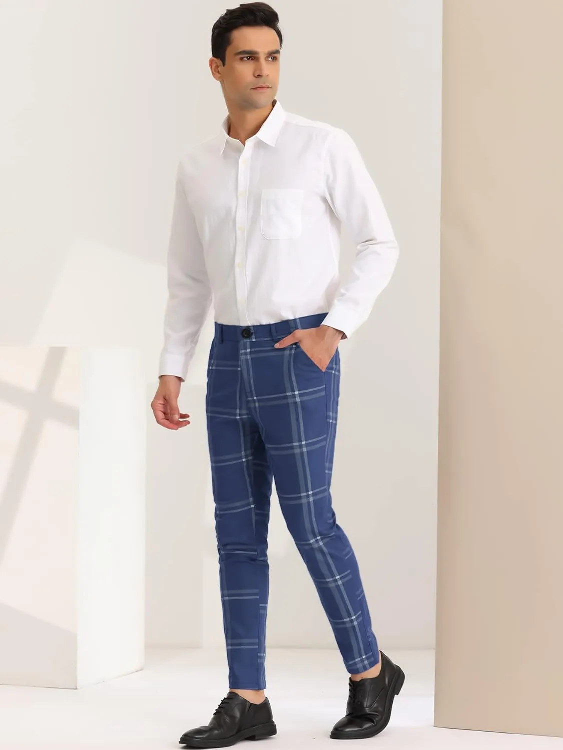 Lars Amadeus Men's Dress Plaid Slim Fit Flat Front Business Prom Checked Trousers
