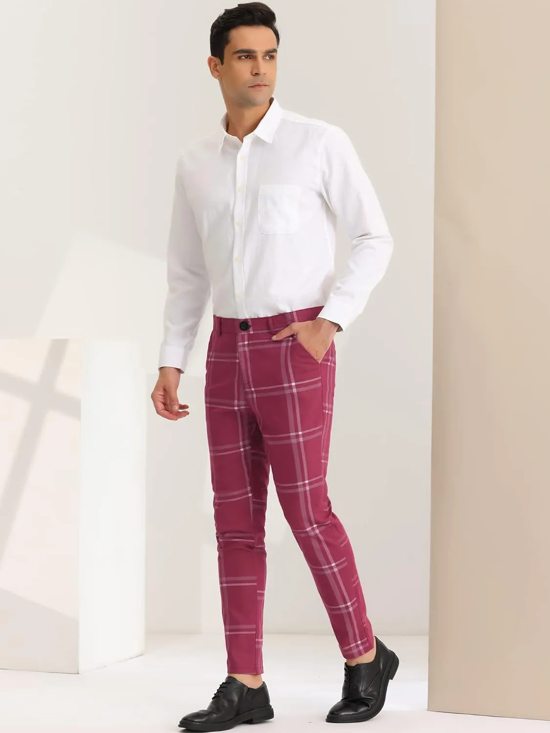 Lars Amadeus Men's Dress Plaid Slim Fit Flat Front Business Prom Checked Trousers