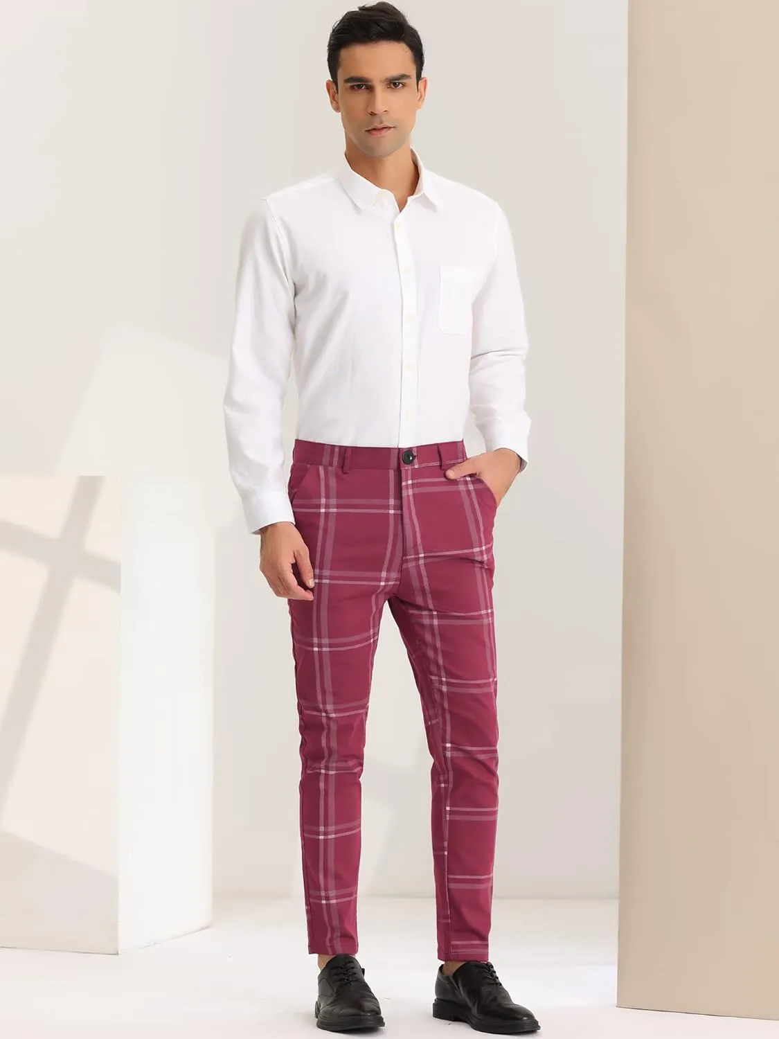 Lars Amadeus Men's Dress Plaid Slim Fit Flat Front Business Prom Checked Trousers