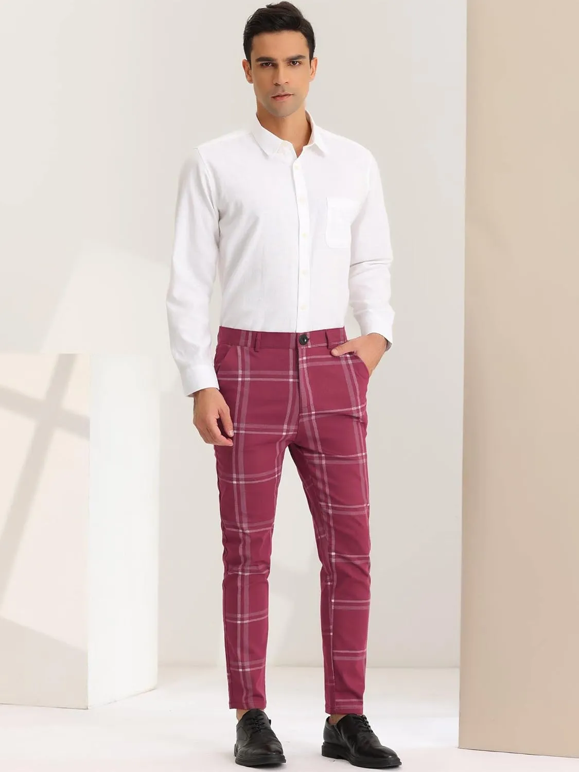 Lars Amadeus Men's Dress Plaid Slim Fit Flat Front Business Prom Checked Trousers