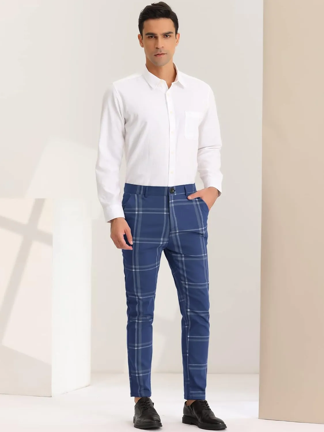 Lars Amadeus Men's Dress Plaid Slim Fit Flat Front Business Prom Checked Trousers