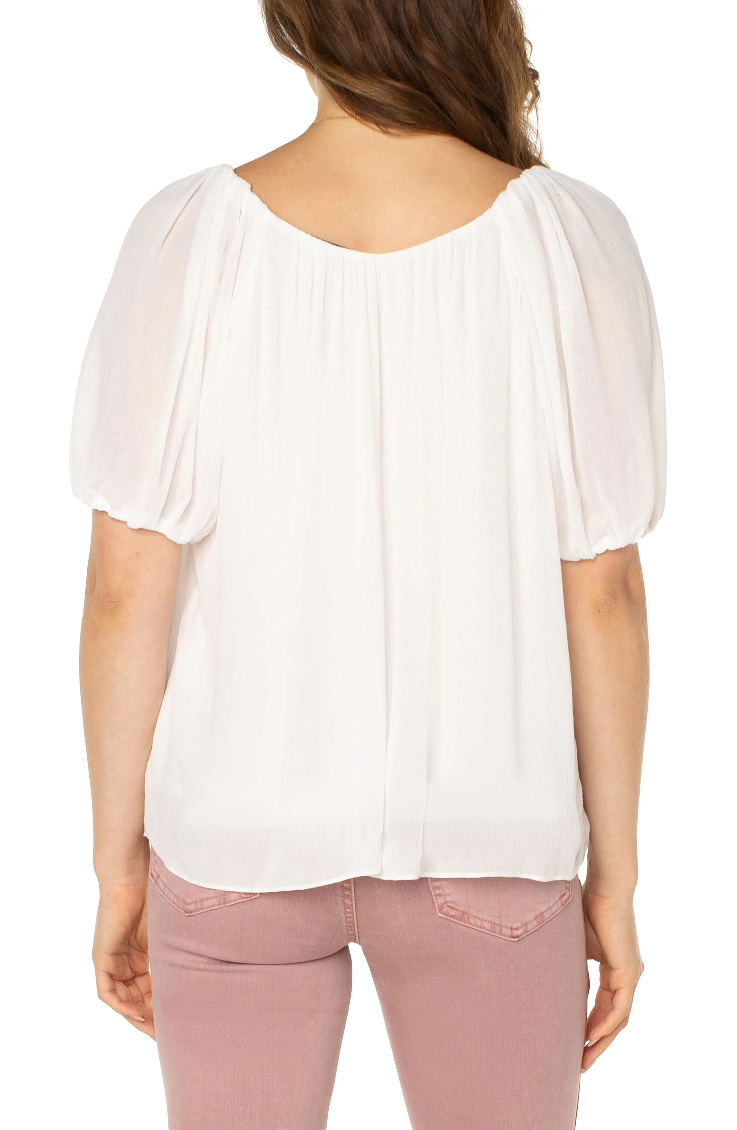 Liverpool double v neck shirred woven blouse (cream)