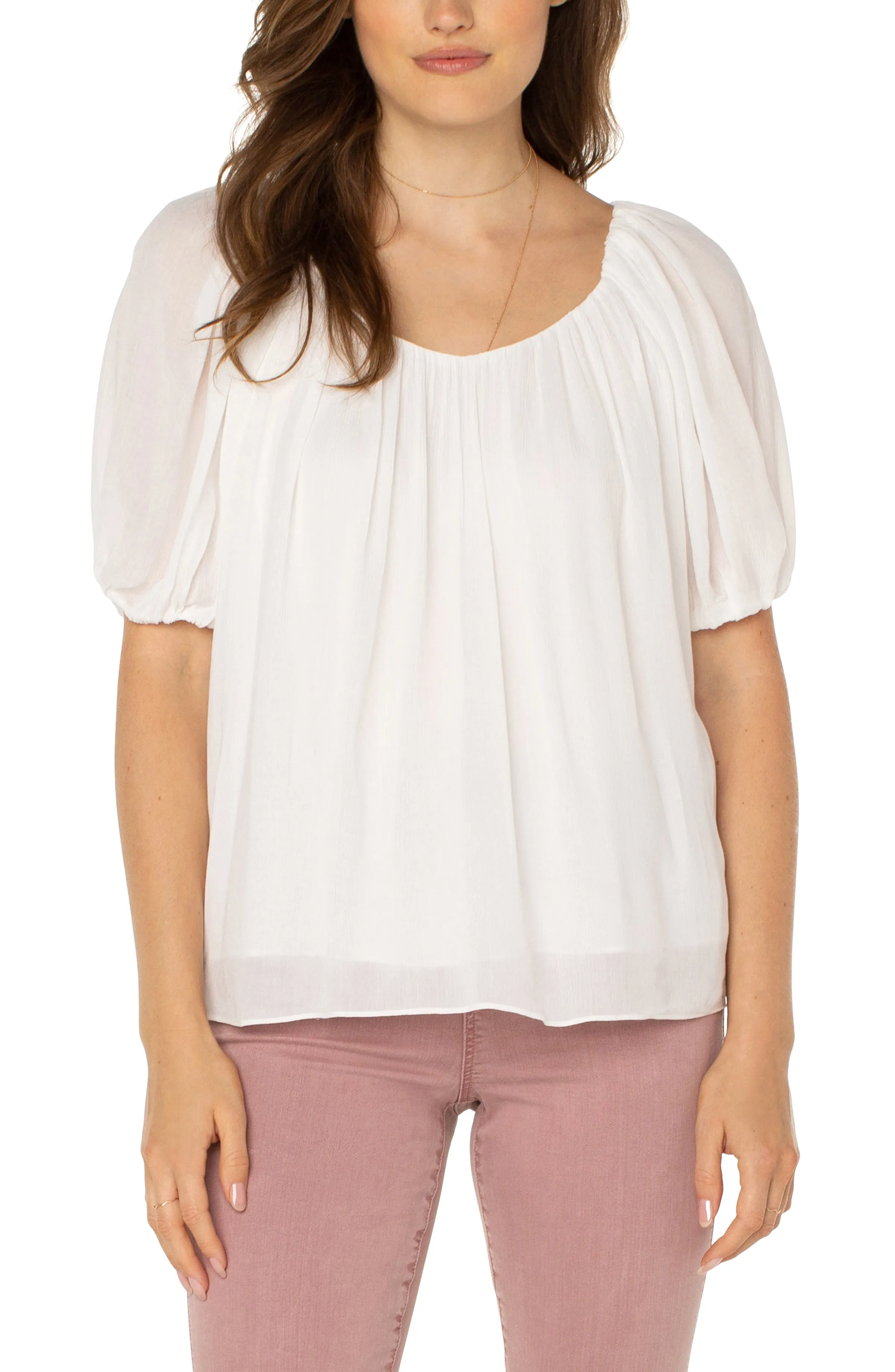 Liverpool double v neck shirred woven blouse (cream)