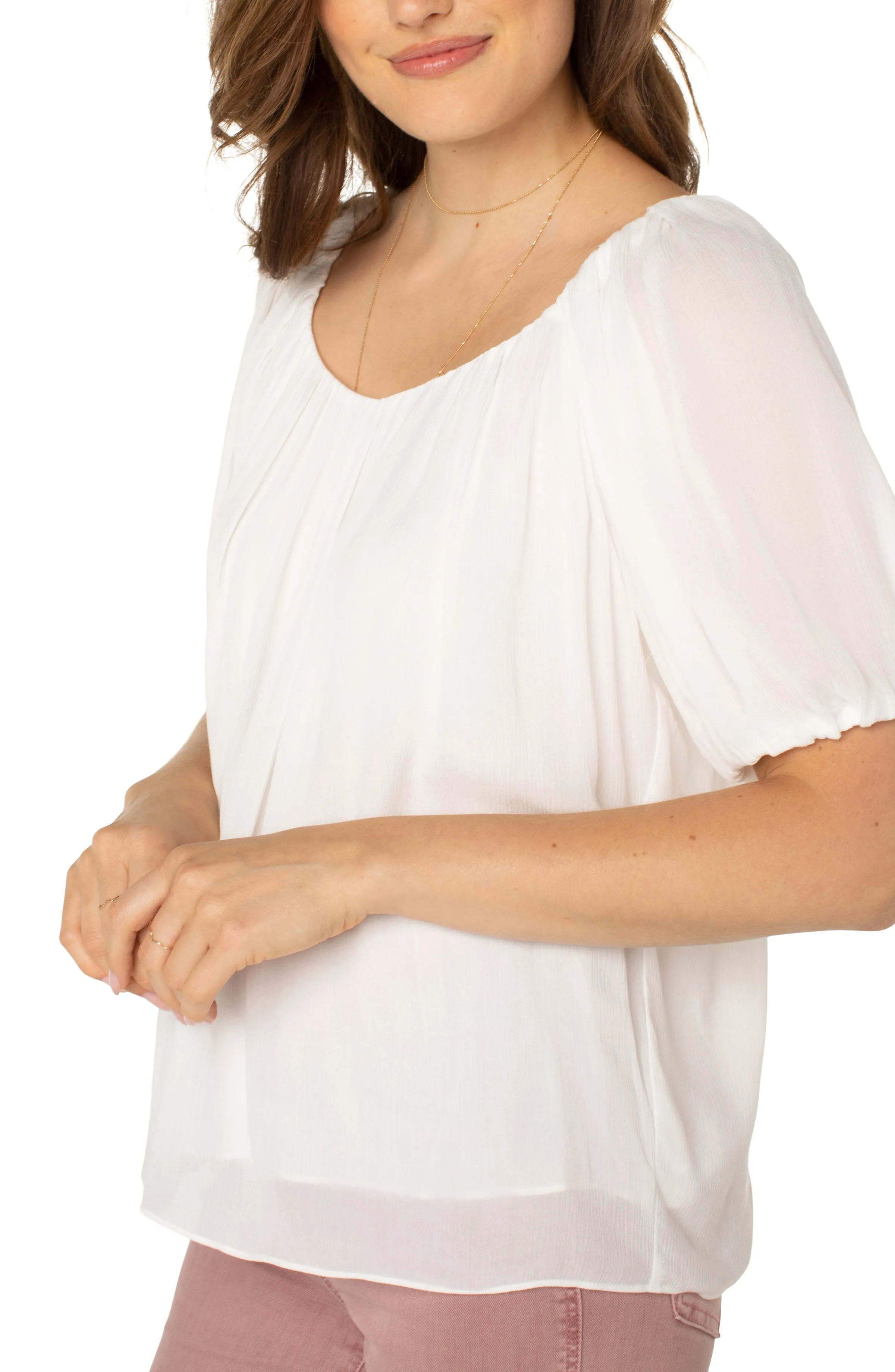 Liverpool double v neck shirred woven blouse (cream)