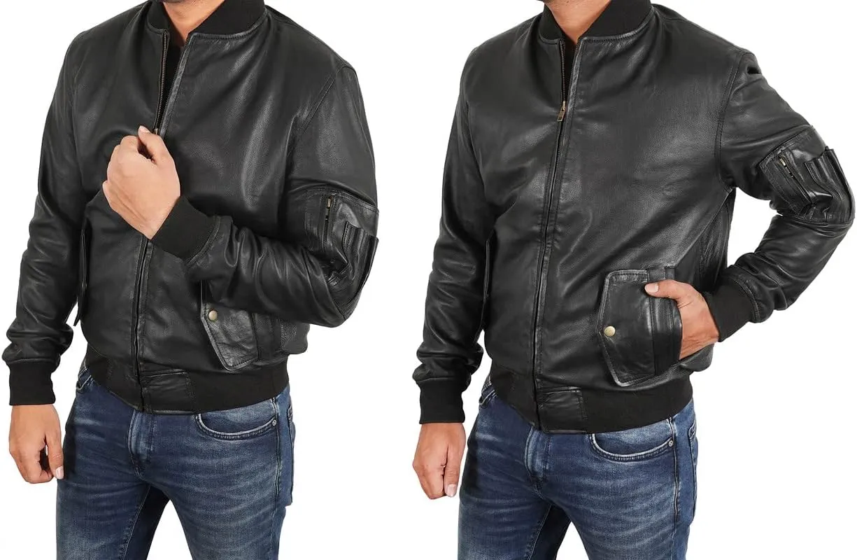 LP-FACON Mens MA1 Flight Tactical Leather Bomber Jacket - Military Black Biker Lambskin Leather Jacket Men