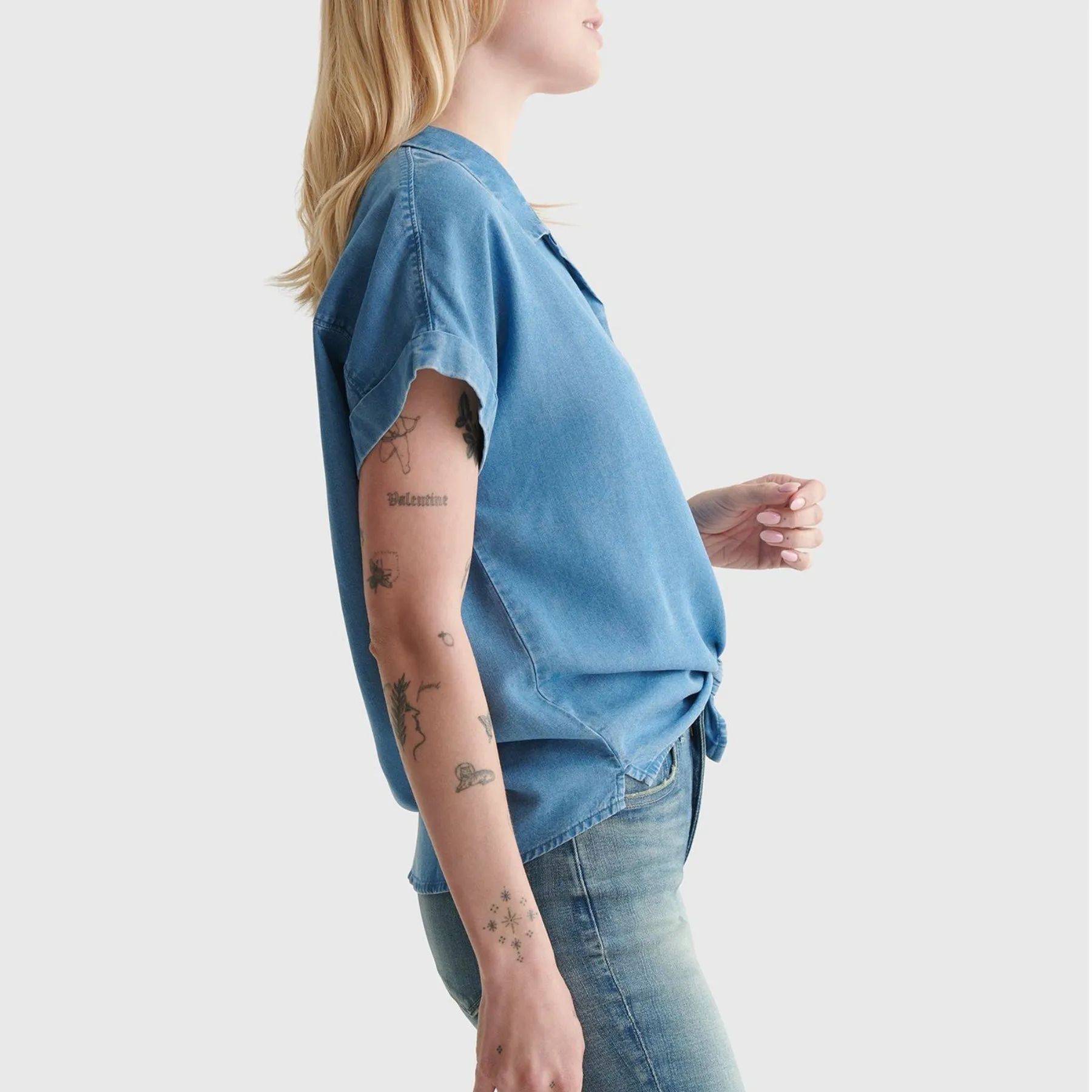Lucky Brand Short Sleeve Tie Front Button Down Denim Shirt