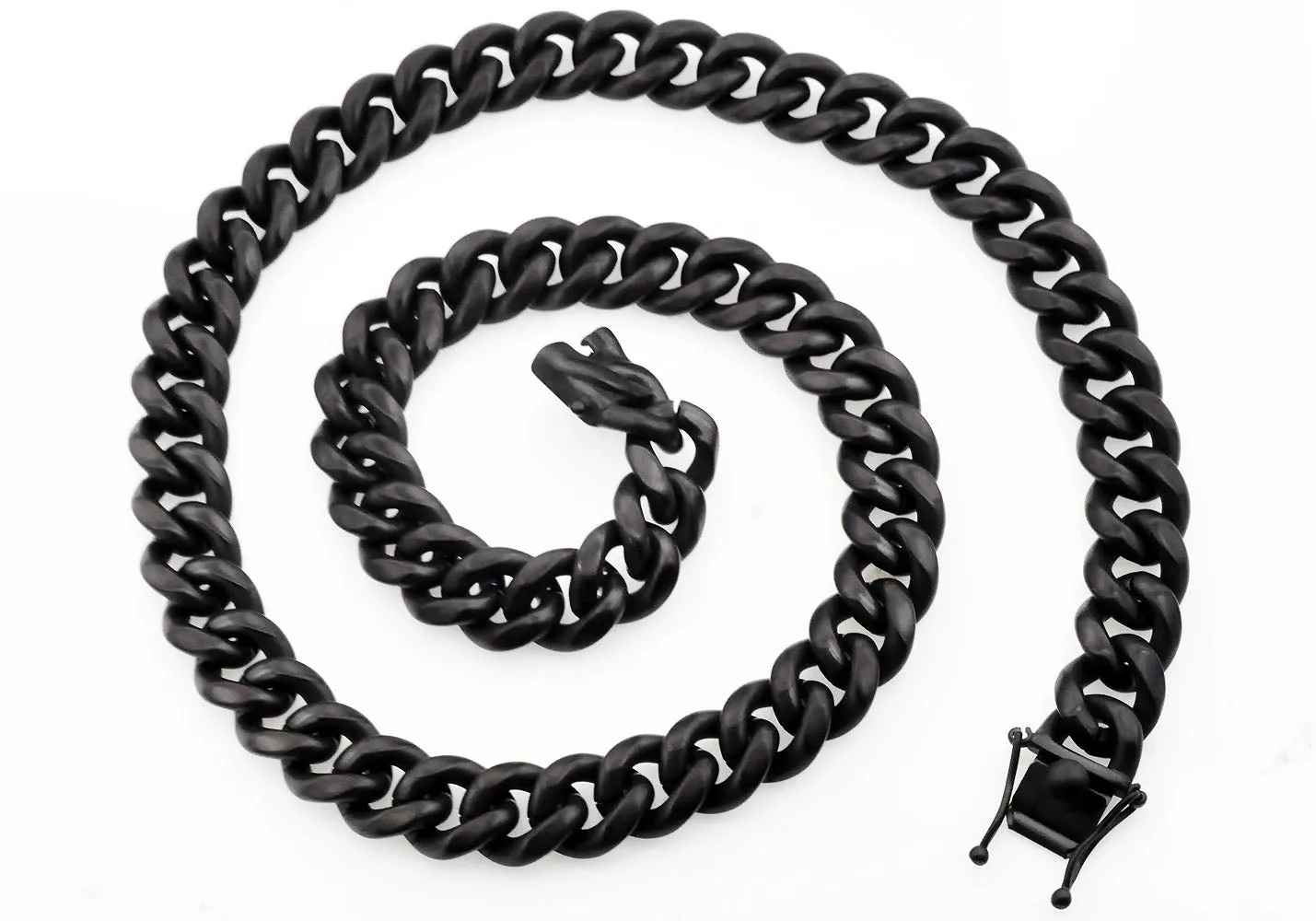 Mens 14mm Matte Black Stainless Steel Miami Cuban Link Chain Necklace