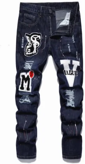 Men's Letter Printed Ripped Slim Fit Moto Biker Casual Straight Jeans