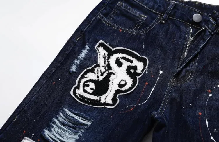 Men's Letter Printed Ripped Slim Fit Moto Biker Casual Straight Jeans