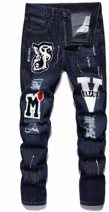 Men's Letter Printed Ripped Slim Fit Moto Biker Casual Straight Jeans