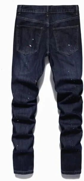 Men's Letter Printed Ripped Slim Fit Moto Biker Casual Straight Jeans