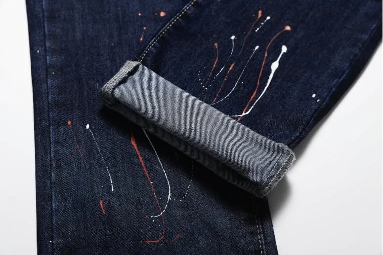 Men's Letter Printed Ripped Slim Fit Moto Biker Casual Straight Jeans