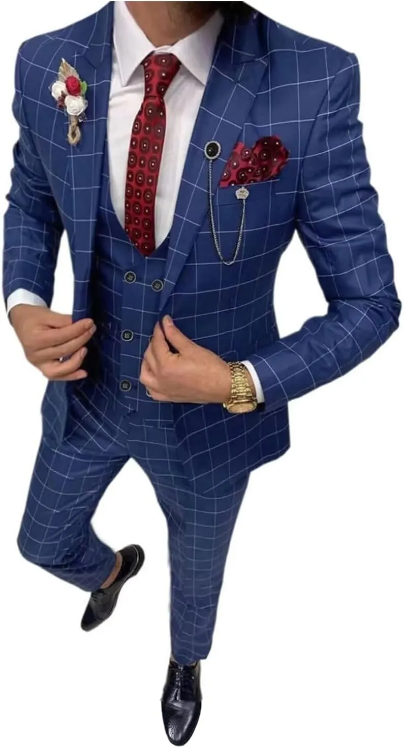 Men's One Button Checked Blazer Peak Lapel Formal Party Prom Coat