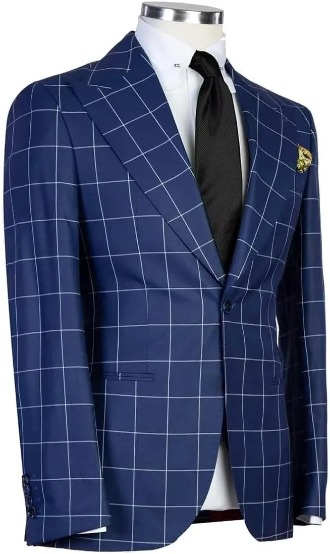 Men's One Button Checked Blazer Peak Lapel Formal Party Prom Coat