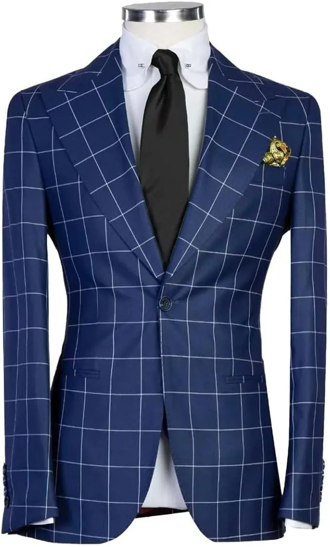 Men's One Button Checked Blazer Peak Lapel Formal Party Prom Coat