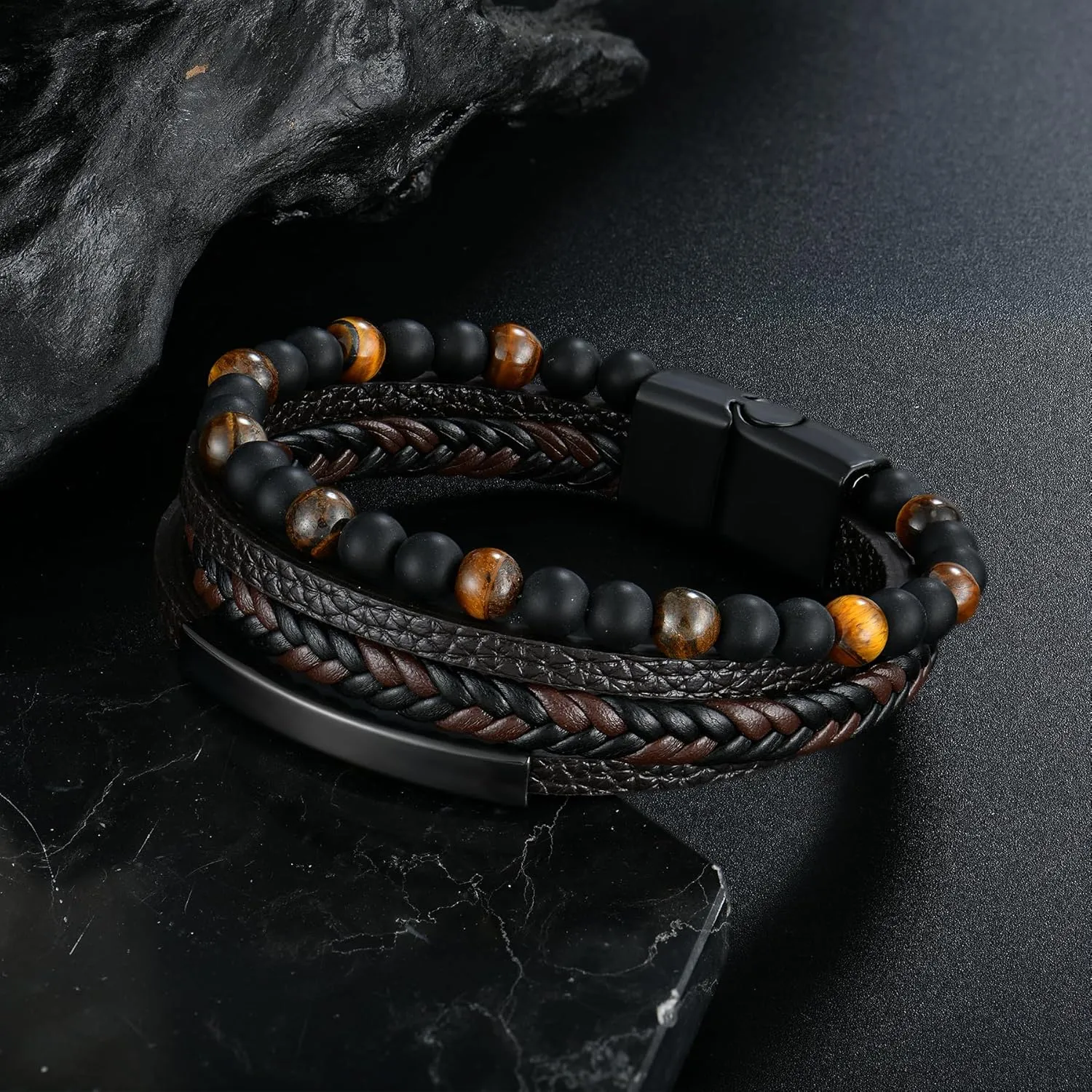 Mens Tiger Eye Matee Black Onyx Lava Rock Volcanic Stone Beaded Bracelet, Black Braided Leather Bracelet for Men