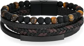 Mens Tiger Eye Matee Black Onyx Lava Rock Volcanic Stone Beaded Bracelet, Black Braided Leather Bracelet for Men