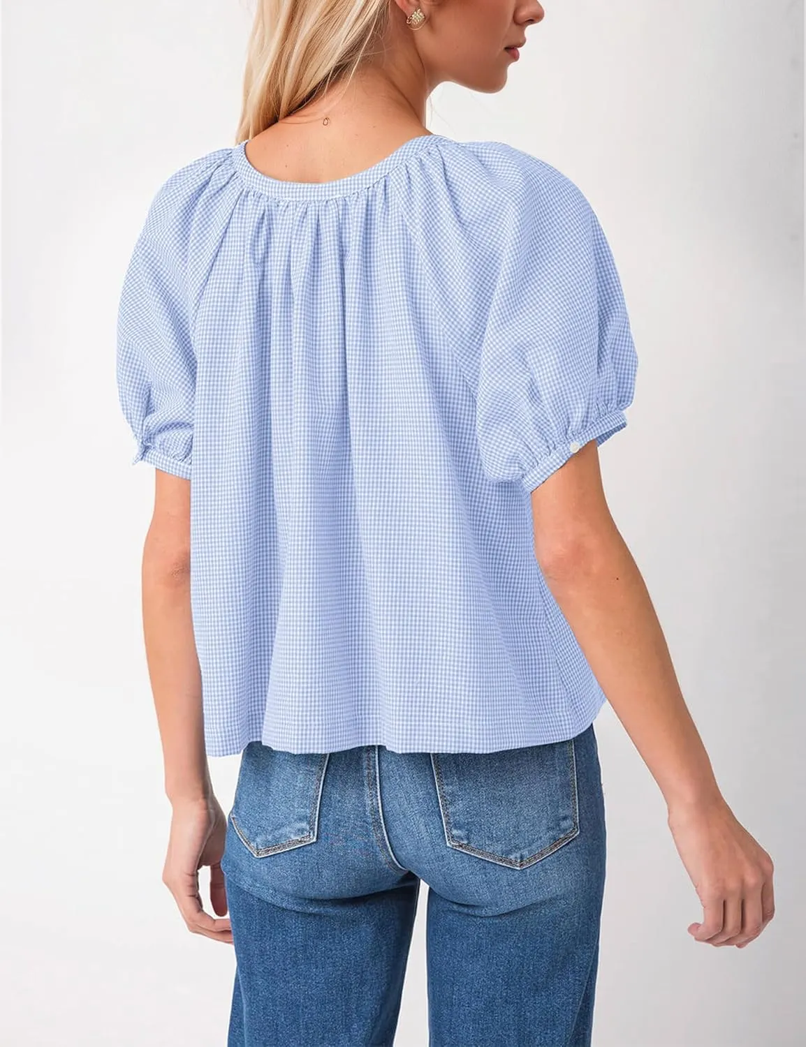 MISSACTIVER Plaid Puff Short Sleeve Shirts Women Button Down Crew Neck Babydoll Tops Summer Flowy Gingham Peplum Blouse