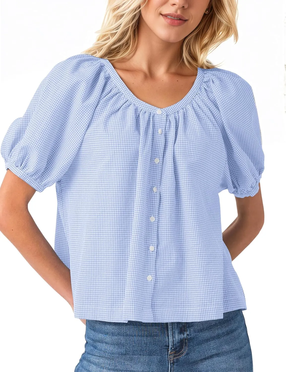MISSACTIVER Plaid Puff Short Sleeve Shirts Women Button Down Crew Neck Babydoll Tops Summer Flowy Gingham Peplum Blouse