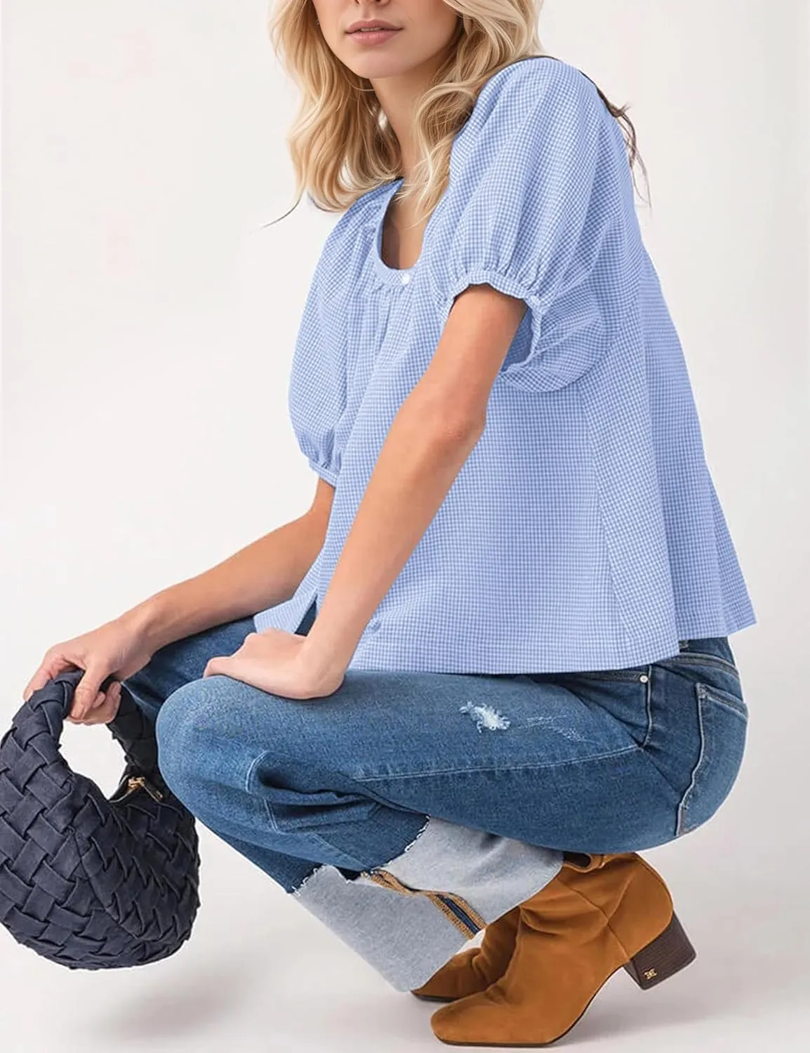 MISSACTIVER Plaid Puff Short Sleeve Shirts Women Button Down Crew Neck Babydoll Tops Summer Flowy Gingham Peplum Blouse