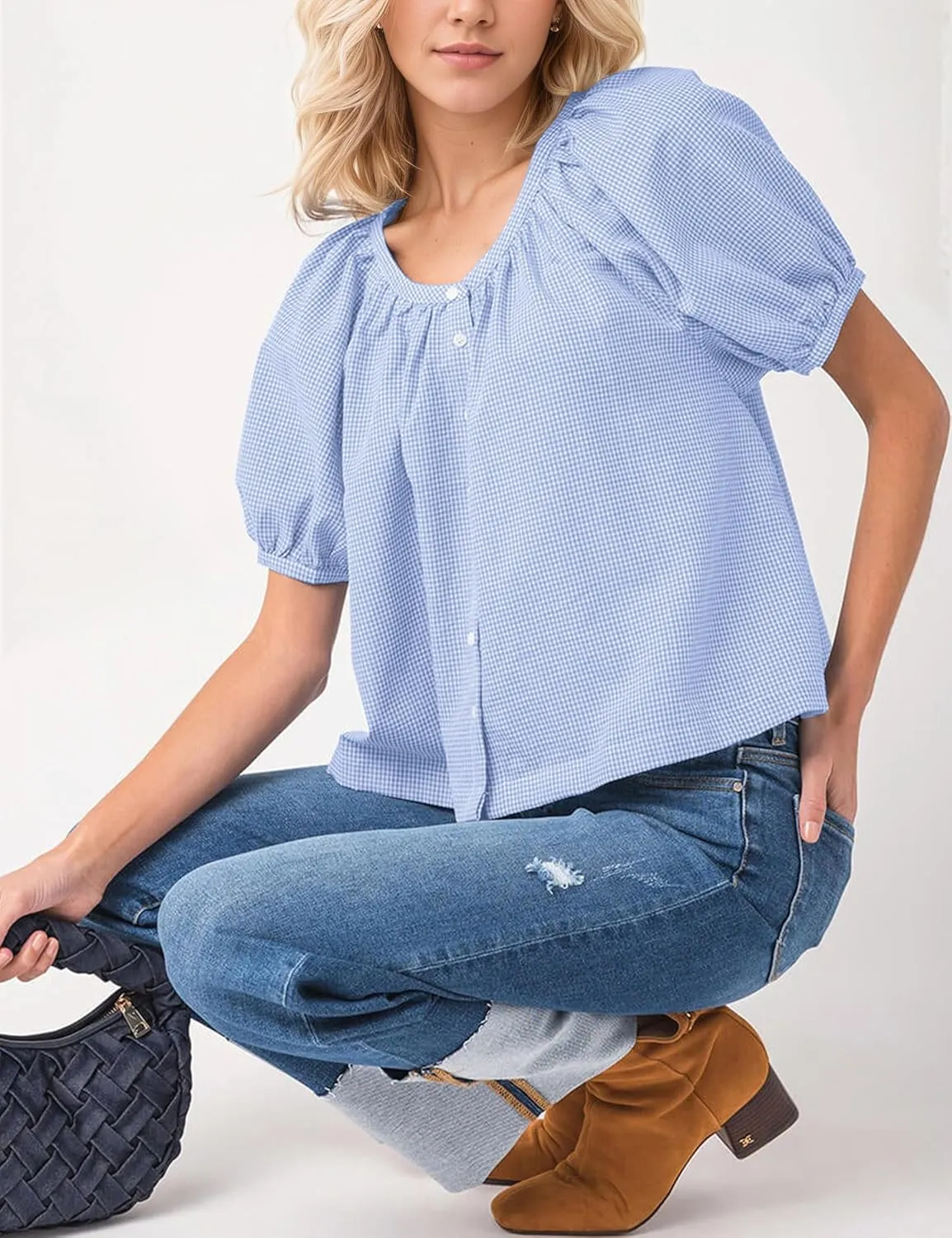 MISSACTIVER Plaid Puff Short Sleeve Shirts Women Button Down Crew Neck Babydoll Tops Summer Flowy Gingham Peplum Blouse
