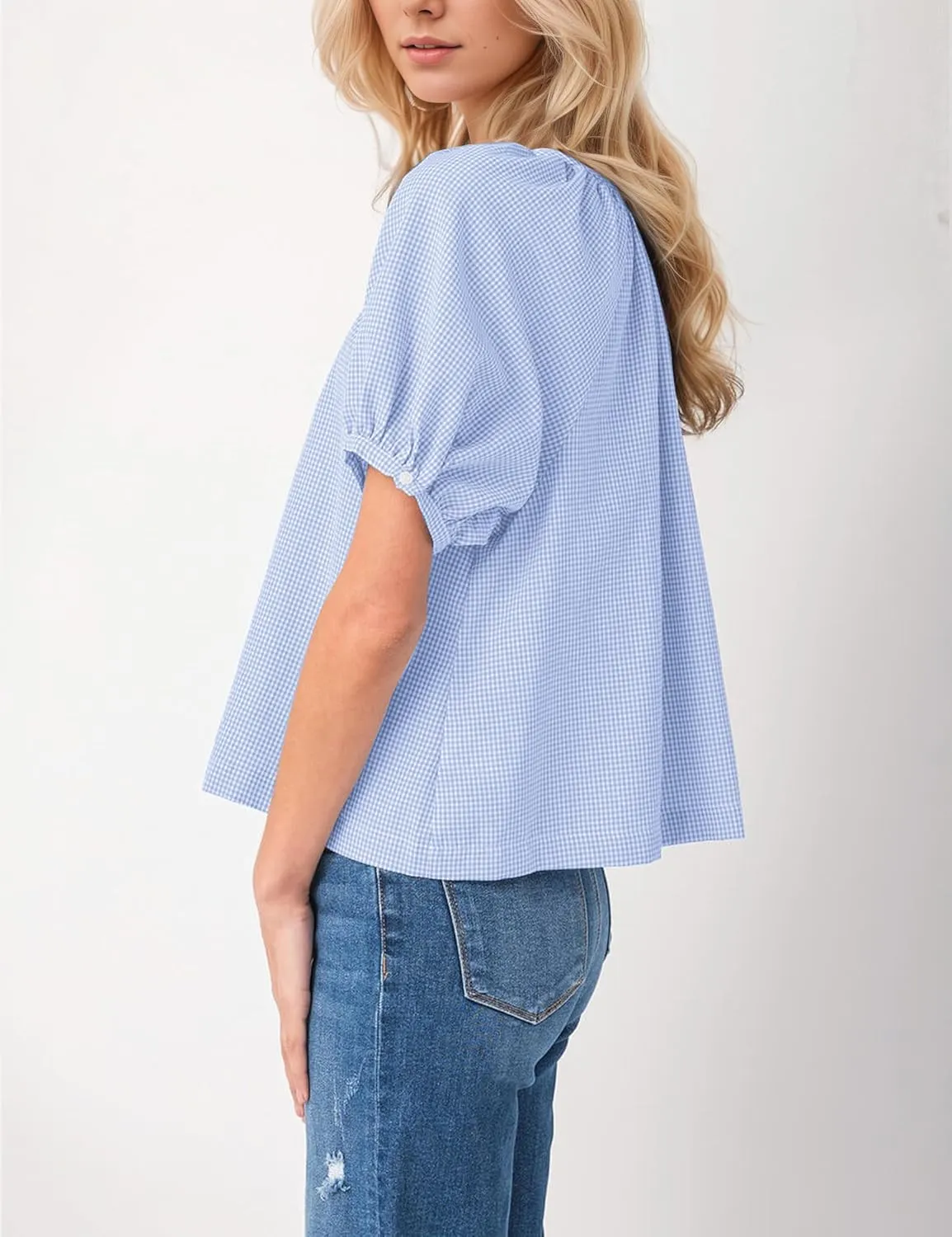 MISSACTIVER Plaid Puff Short Sleeve Shirts Women Button Down Crew Neck Babydoll Tops Summer Flowy Gingham Peplum Blouse