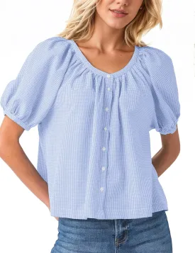 MISSACTIVER Plaid Puff Short Sleeve Shirts Women Button Down Crew Neck Babydoll Tops Summer Flowy Gingham Peplum Blouse
