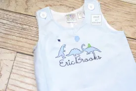 Monogrammed baby boy Birthday romper with dinosaurs, dinosaur birthday outfit, dinosaur themed cake smash outfit, dinosaur overalls