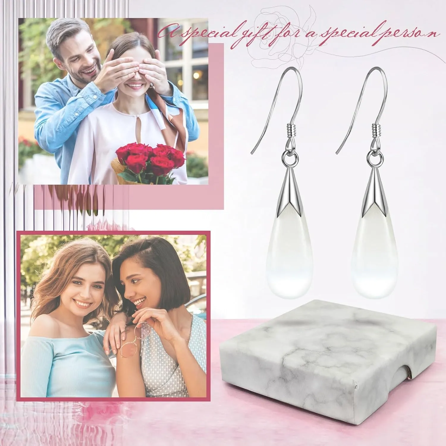 Natural White Opal Earrings, Teardrop Earrings for Women Cat's Eye Stone Silver Earrings Drop Dangle Earrings for Women Teen Girls(Cat's eye-White)