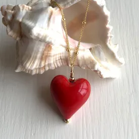 Necklace with red pastel Murano glass medium heart pendant on gold chain