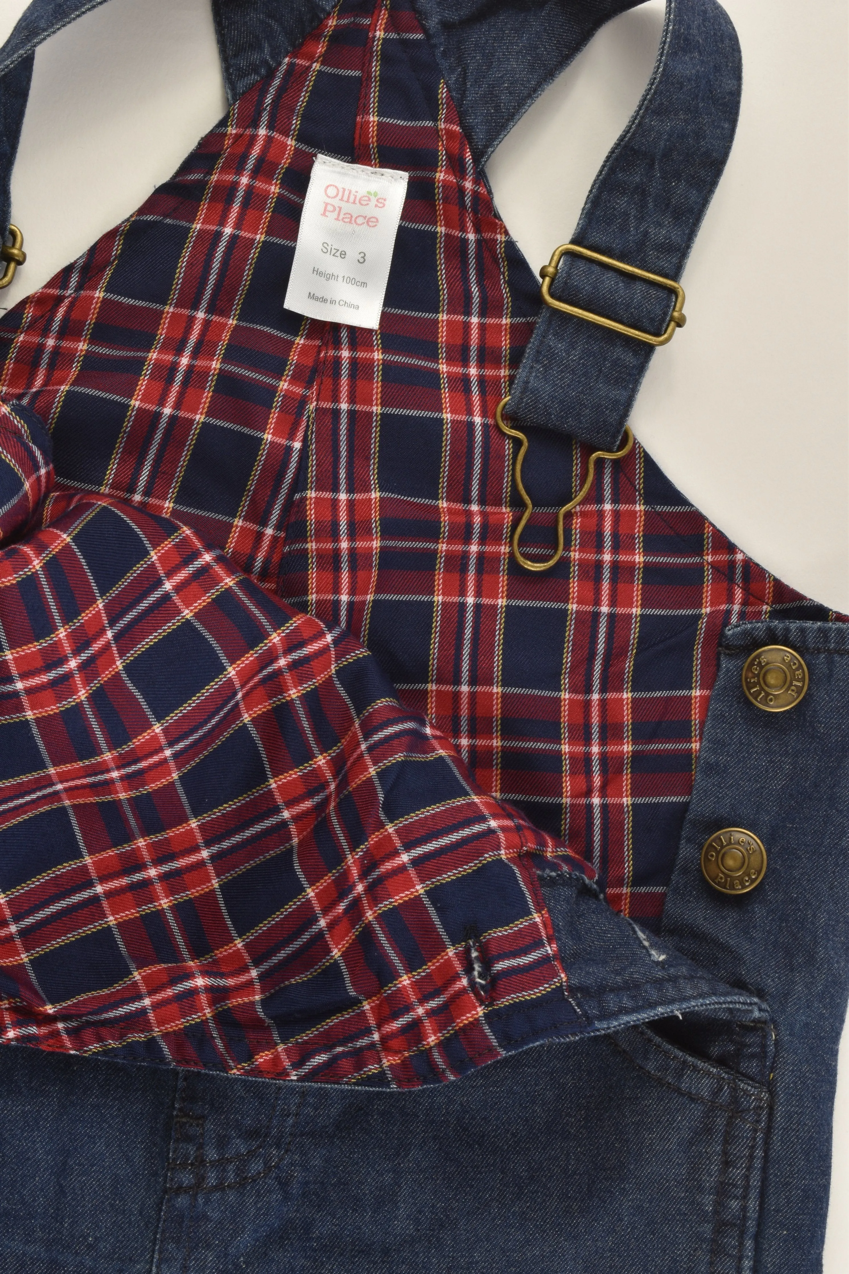 Ollie's Place Size 3 (100 cm) Lightweight Denim Overalls With Checked Lining
