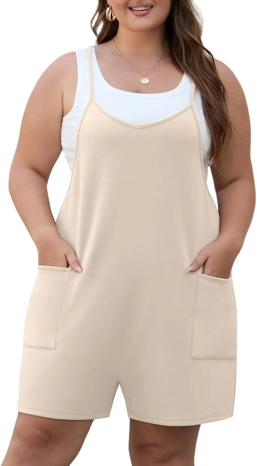 OLRIK Womens 2025 Summer Plus Size Romper Adjustable Spaghetti Strap Jumpsuits With Pockets Sleeveless Casual Overall Shorts