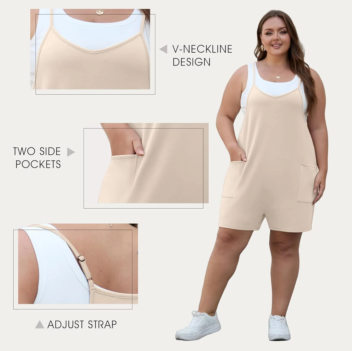 OLRIK Womens 2025 Summer Plus Size Romper Adjustable Spaghetti Strap Jumpsuits With Pockets Sleeveless Casual Overall Shorts