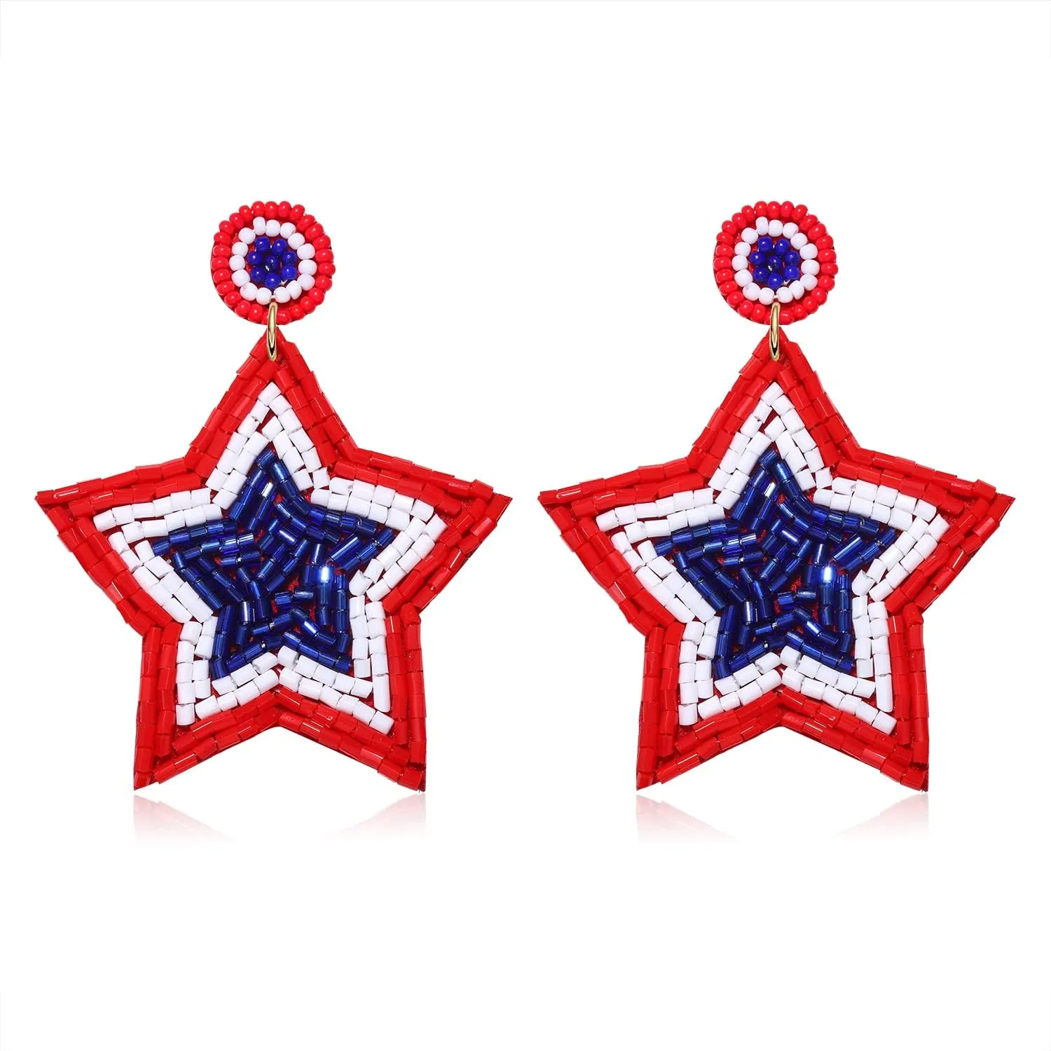 Patriotic Earrings 4 th of July Beaded Earrings Handmade Cute Red White Blue American Flag USA Star Dangle Earrings Independence Day Holiday Gift for Women