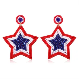 Patriotic Earrings 4 th of July Beaded Earrings Handmade Cute Red White Blue American Flag USA Star Dangle Earrings Independence Day Holiday Gift for Women