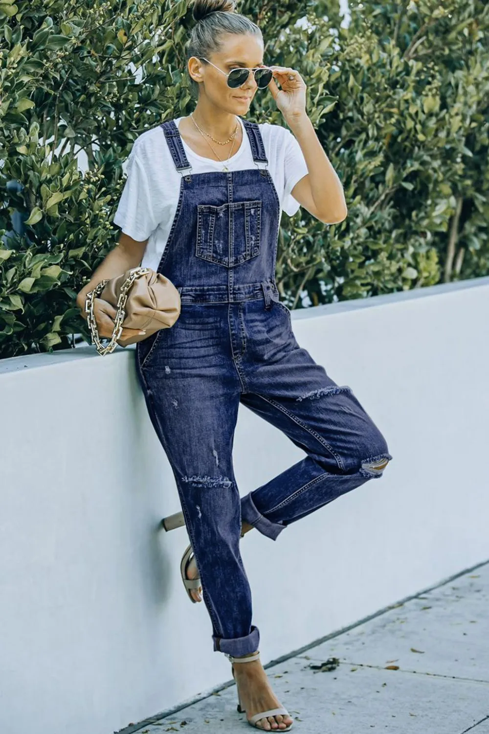 Penny Pocketed Distressed Denim Overalls