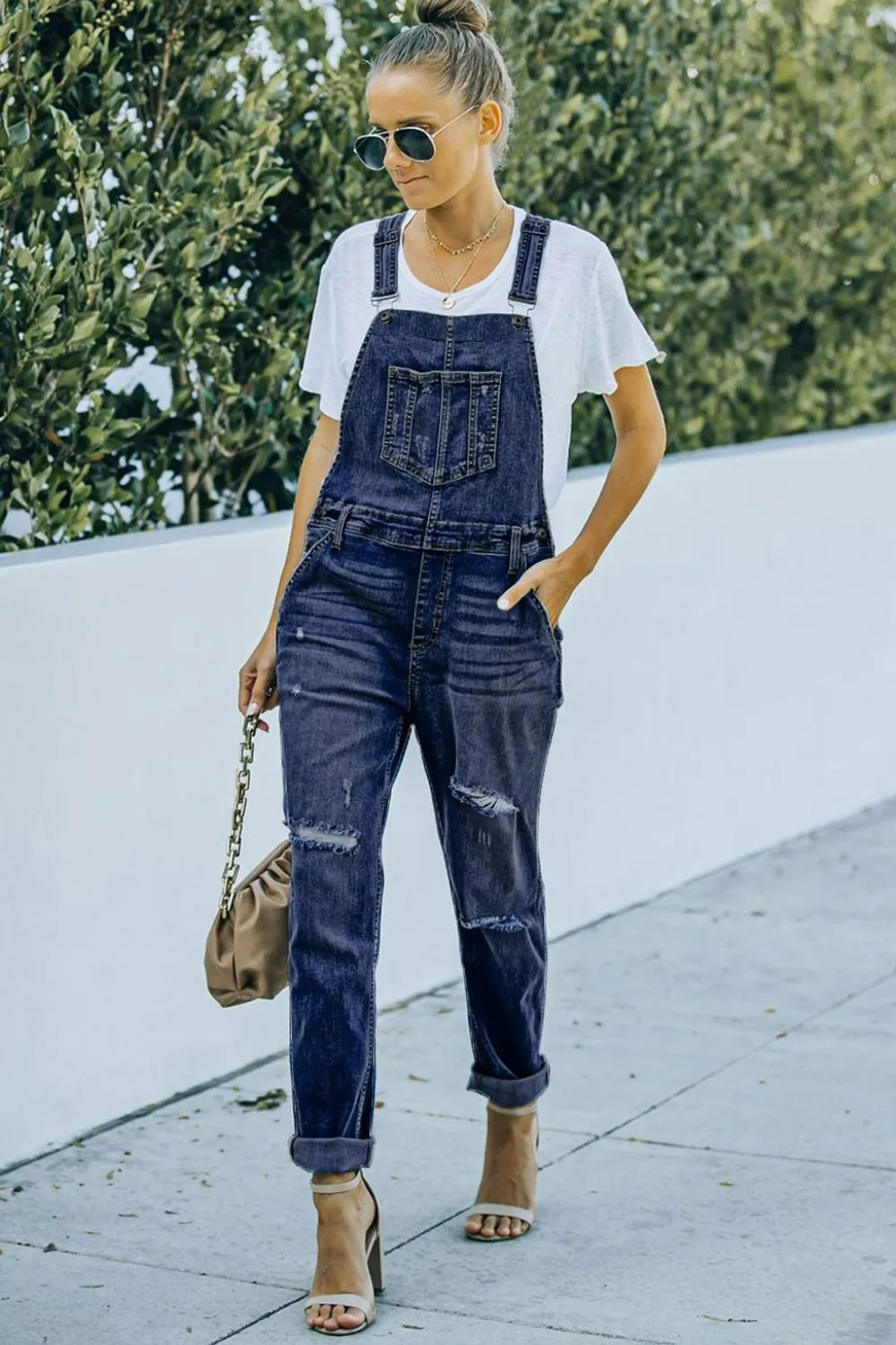 Penny Pocketed Distressed Denim Overalls