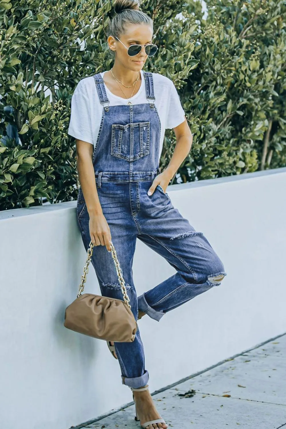 Penny Pocketed Distressed Denim Overalls